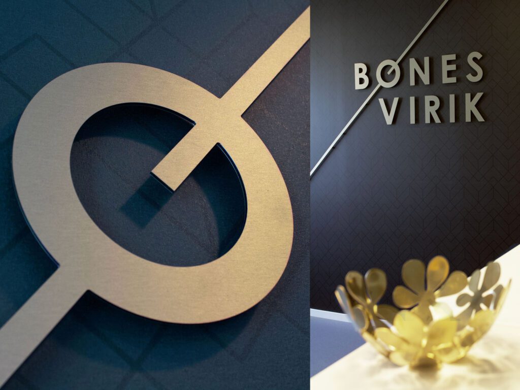 Sammensetning av to bilder som viser Bønes Viriks visuelle identitet og logo