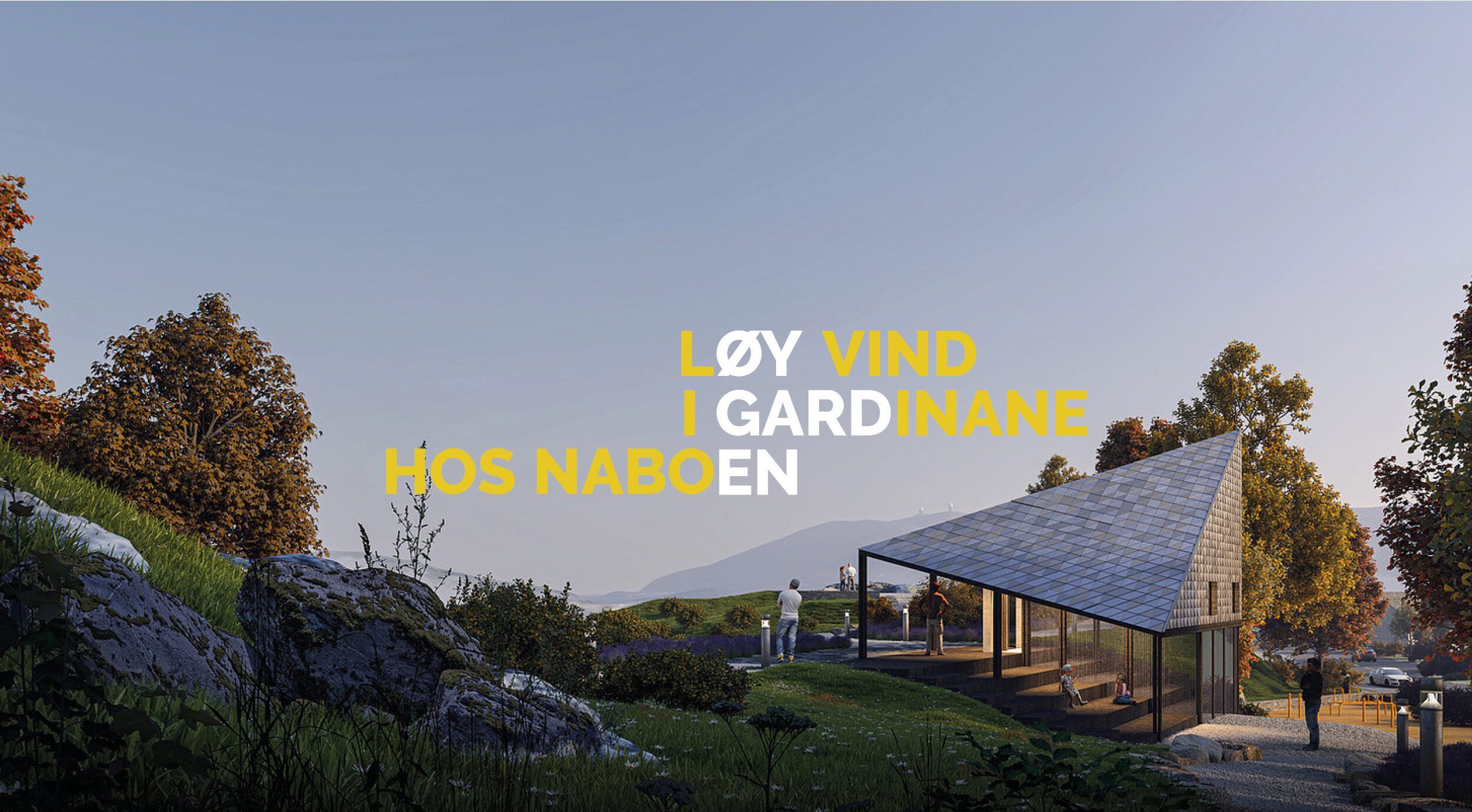 Strilahaiku for øygarden kommune med teksten "Løy vind i gardinane hos naboen", med uthevede delord som sammen utgjør "Øygarden". Bak teksten er et bilde av fin natur og et moderne bygg i kommunen