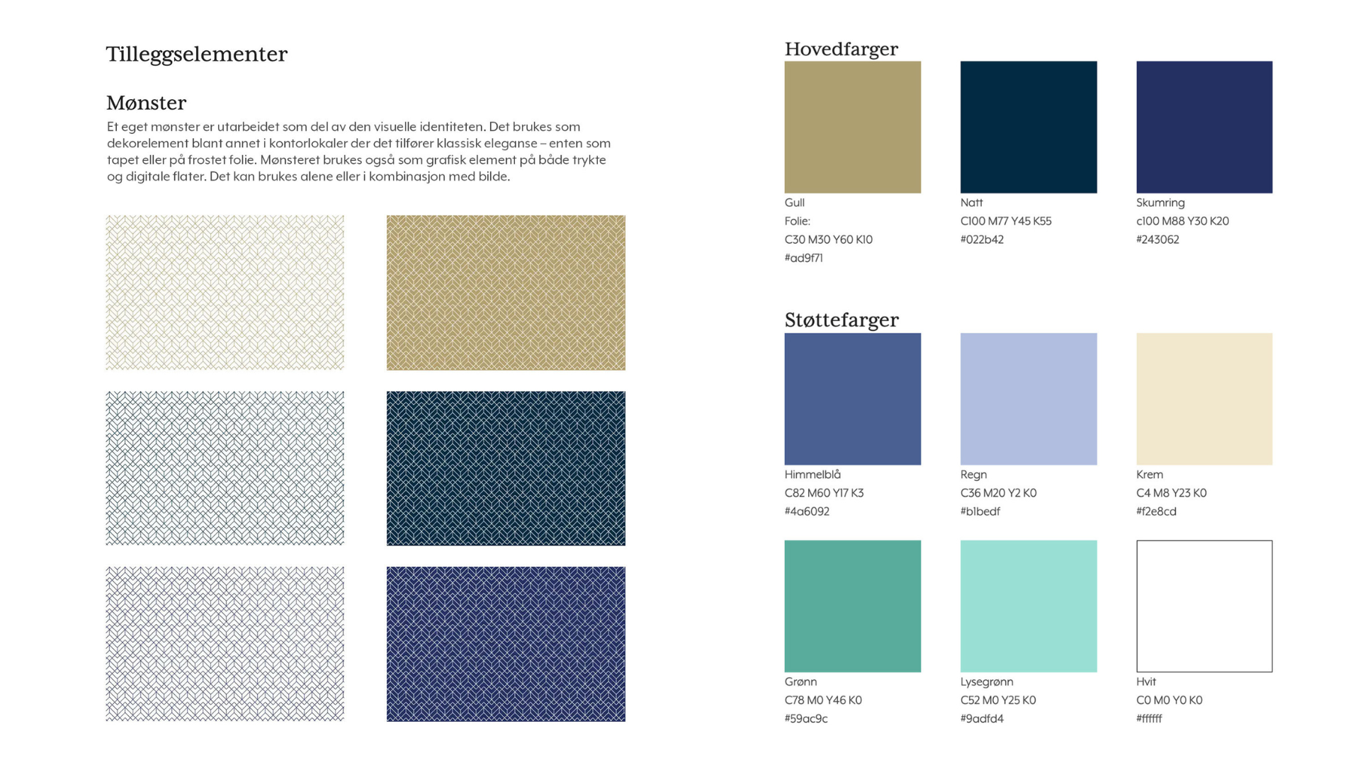 Image from the brand guide Alf Gundersen created for Bønes Virik’s visual identity. The image shows the patterns and colors selected for the brand.