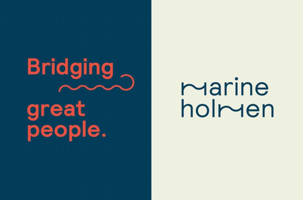 Mockup som viser Marineholmens profil på todelt bakgrunn i Marinehomens farger. På bildet står "Marineholmen" og slogan "Bridging great people"
