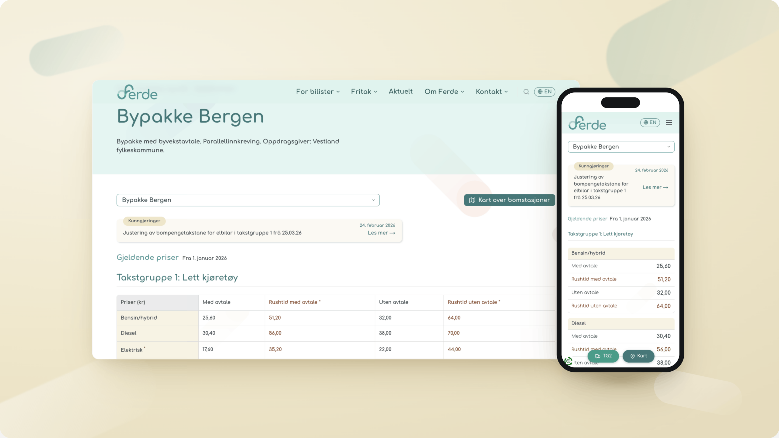 mockup som viser sidene på ferde.no for bompriser på laptop og mobil