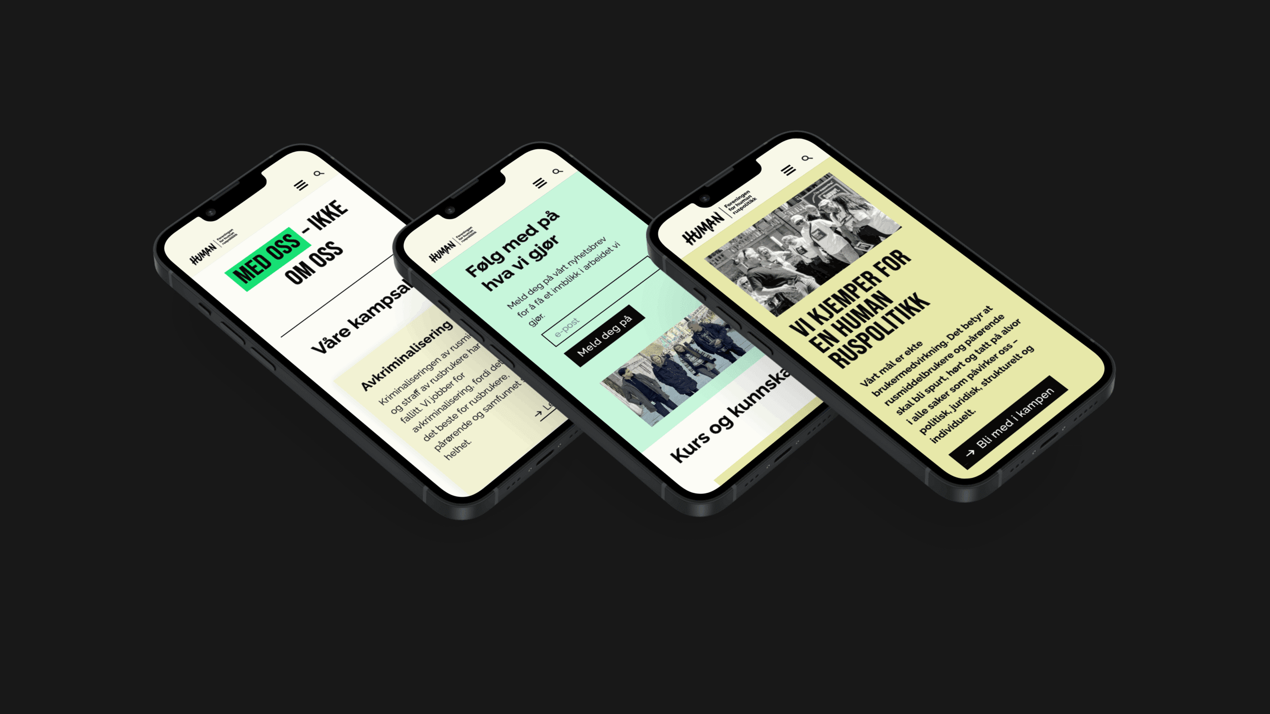 Mockup som viser de nye nettsidene til Foreningen for human ruspolitikk (FHR) på mobil