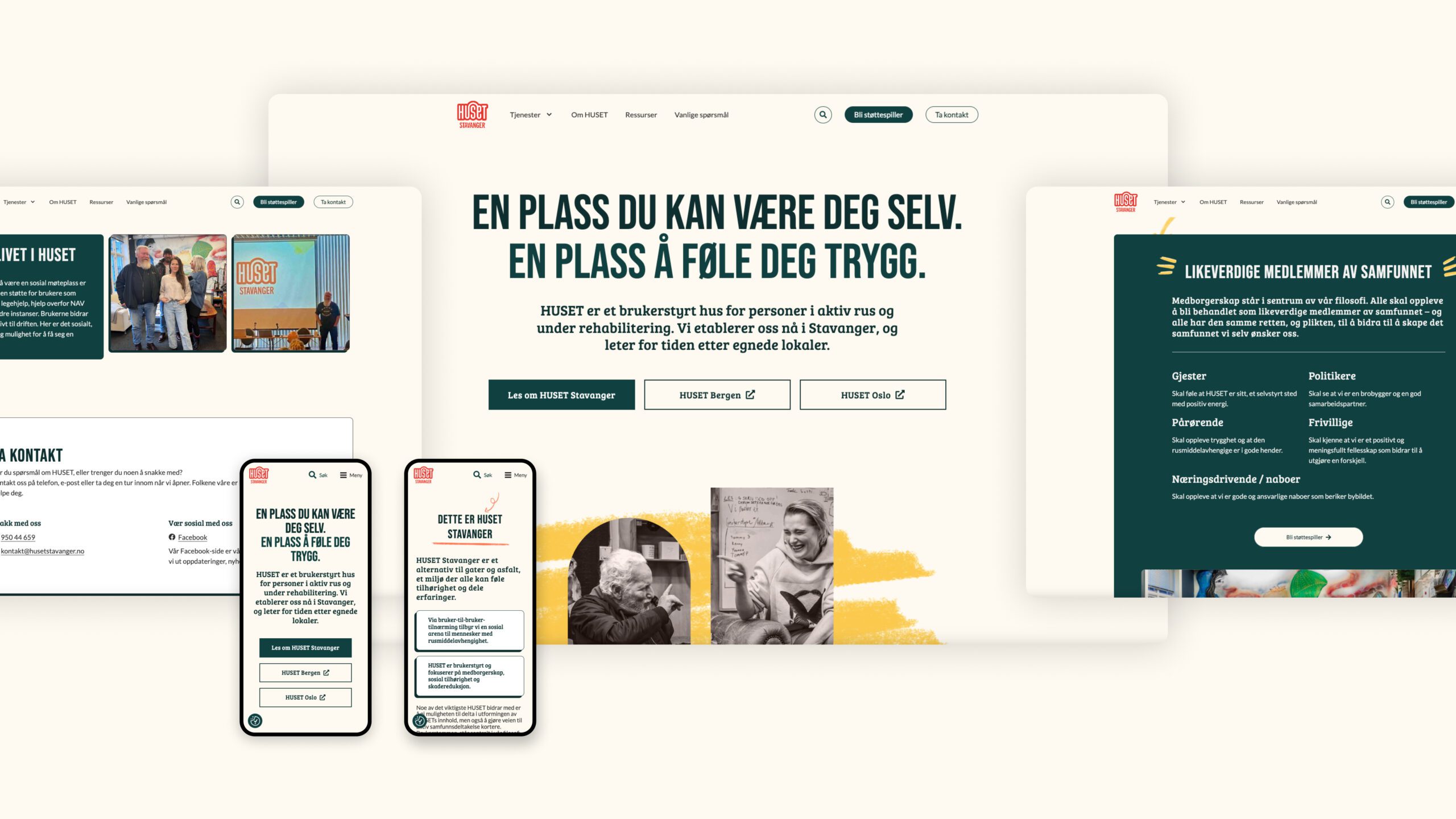 Mockup som viser nettsidene til Huset Stavanger på desktop og mobil