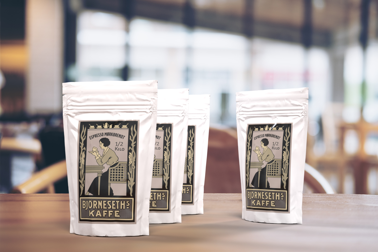 Bilde som viser emballasjedesignet på kaffebokser fra Bjørneseths kaffe