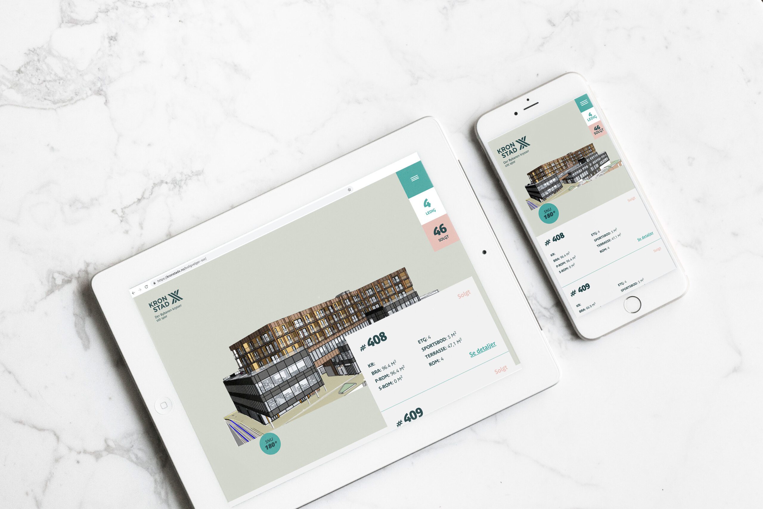 Mockup som viser landingssiden til boligprosjektet Kronstad X på tablet og mobil