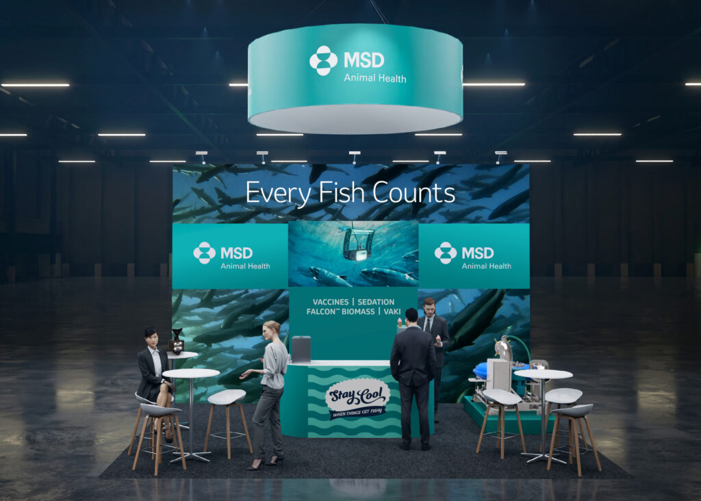 Illustrasjon som viser design av messestand for MSD Animal Health til Havexpo 2026
