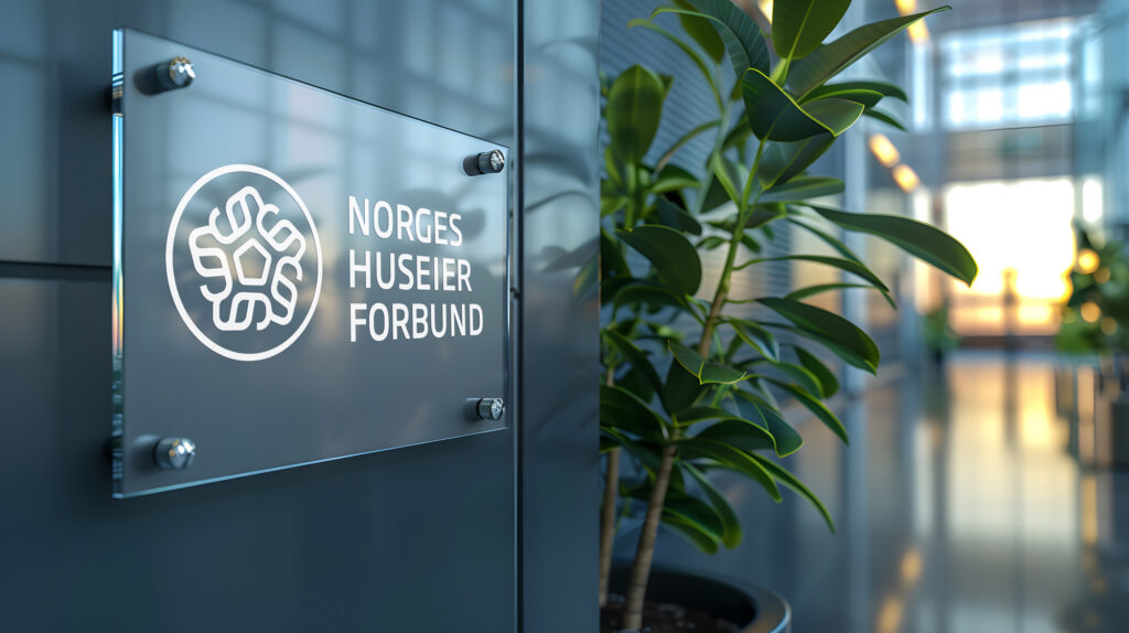 Mockup som viser Norges Huseierforbunds nye logo på skilt på en vegg