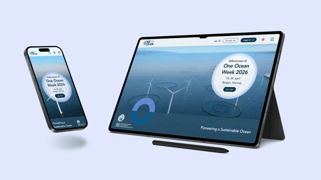 mockup som viser de nye nettsidene til One Ocean Week på nettbrett og mobil