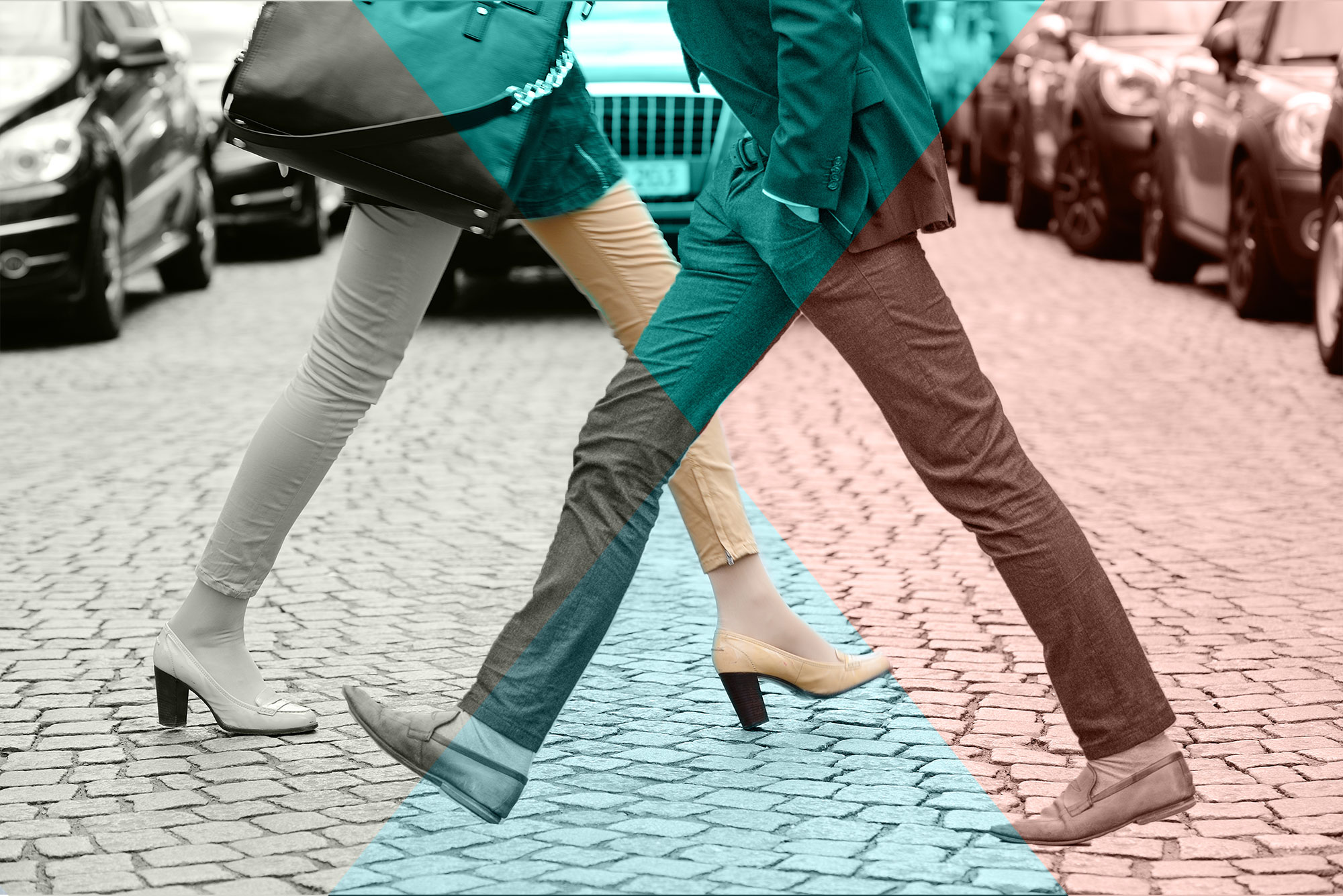 Illustrasjon fra nyboligprosjektet Kronstad X som viser to personer som går og møtes slik at beina former en X