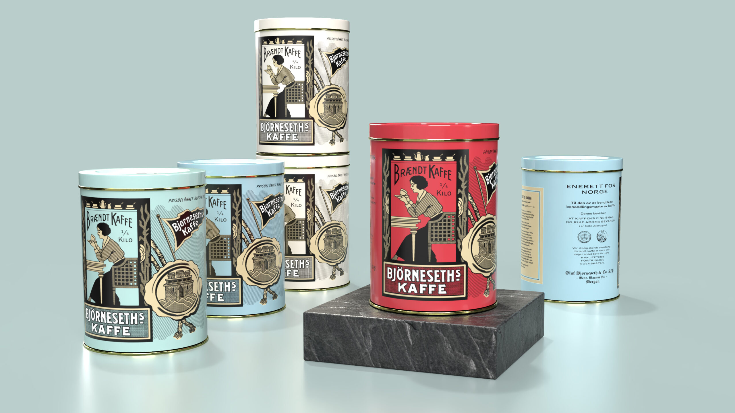 Mockup som viser emballasjedesign til kaffebokser for det historiske kaffemerket Bjørneseths Kaffe