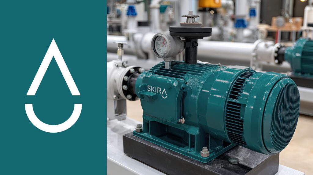 Mockup som viser merkevaren Skira fra Fjell Technology Group med logomerke på grønn bakgrunn og logo på profilgrønn pumpe