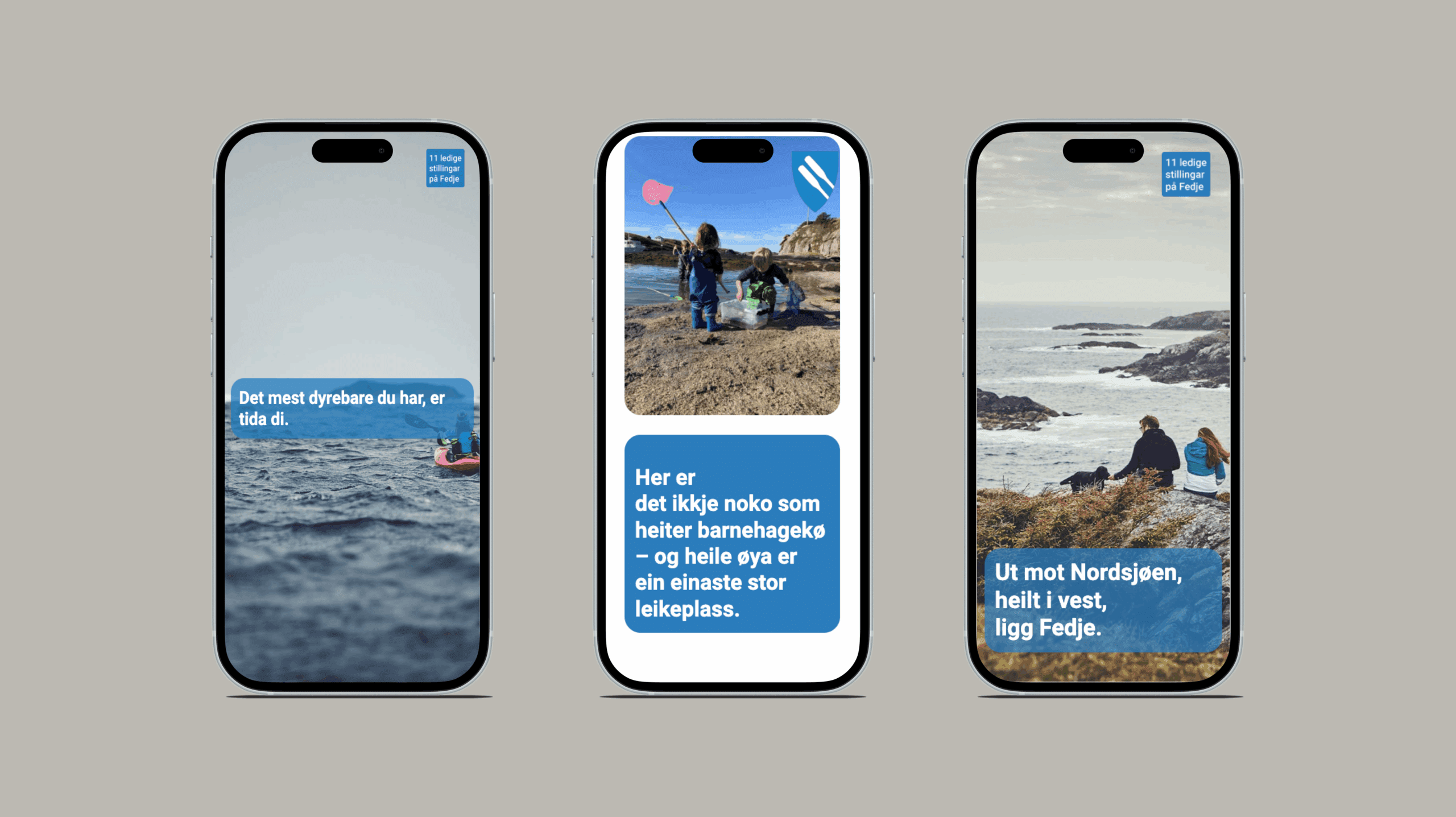Mockup som viser scrollytelling-landingssiden til stillingskampanje for Fedje kommune på mobil