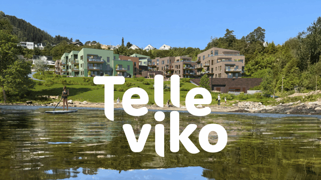 Bilde som viser logoen til nyboligprosjetet Telleviko fra Backer bolig over et illustrasjon av hvordan boligene vil se ut eksteriør