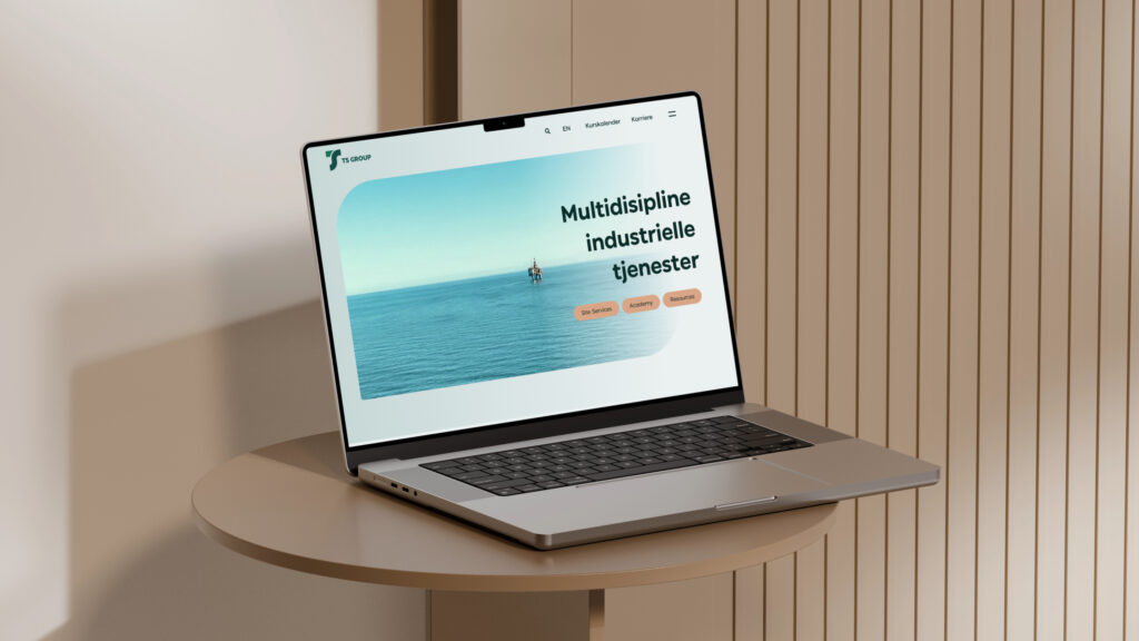 Mockup som viser nye nettsider for TS Group på laptop