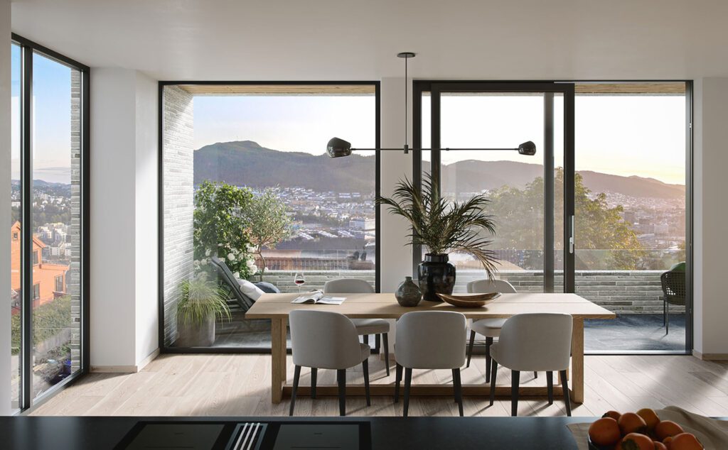 3D-illustrasjon som viser utsikten fra en leilighet i nyboligprosjektet Bellevue 2 i Bergen.