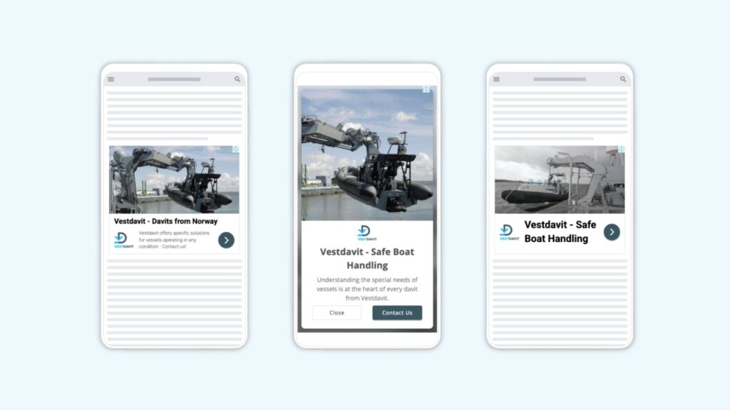 Mockup som viser tre ulike google ads for vestdavit på mobil